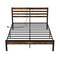 Rustic Brown Platform Bed Metal Frame with Charging Station and Storage Headboard